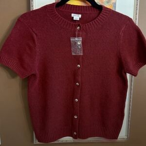 72. Super Soft Short Sleeve Button Cardigan in Deep Wine Red